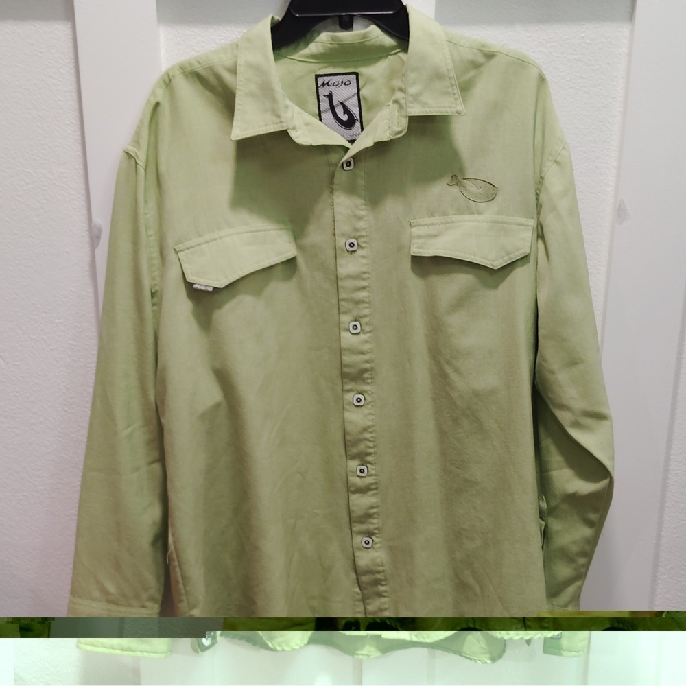 Mojo Men's XL Woven Solid Green Button-Up Shirt Long Sleeve Pockets Embroidered